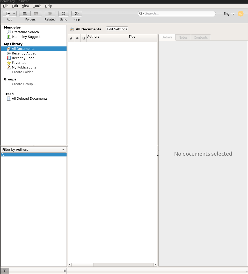 Mendeley的用户界面，未导入文献